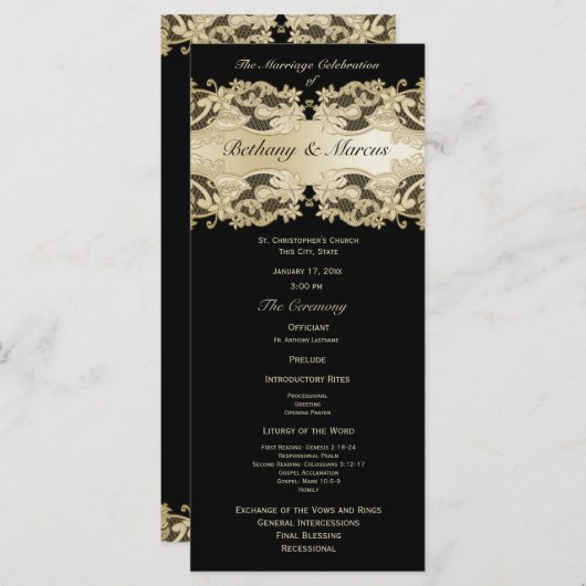 Golden Floral Lace Wedding Programme (Devant / Derrière)