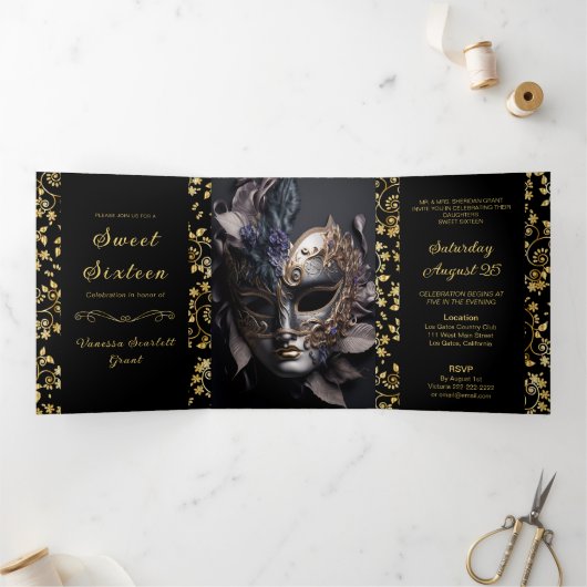 Golden Floral Masquerade Sweet 16 Party Invitation (Intérieur)