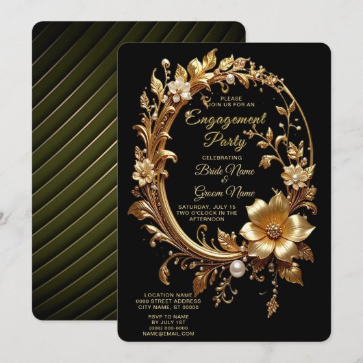 Golden Floral Ornate Frame Engagement Invitation (Devant / Derrière)