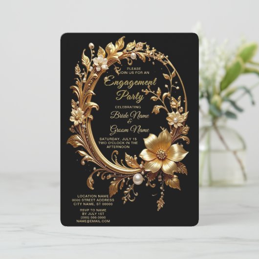 Golden Floral Ornate Frame Engagement Invitation (Debout devant)