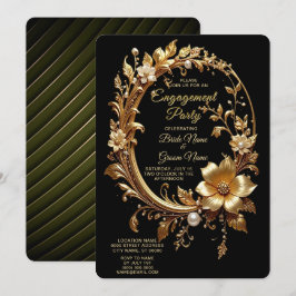 Golden Floral Ornate Frame Engagement Invitation Kaart