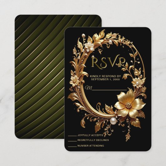 Golden Floral Ornate Frame RSVP Card Kaartje (Voorkant / Achterkant)
