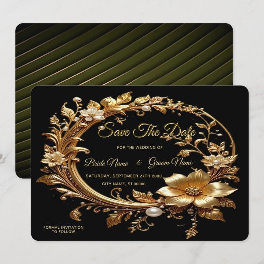 Golden Floral Ornate Frame Save The Date (Devant / Derrière)