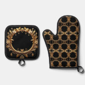 Golden Floral Ornate Oven Mitt & Pot Holder Set (Voorkant)