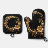 Golden Floral Ornate Oven Mitt & Pot Holder Set (Voorkant)
