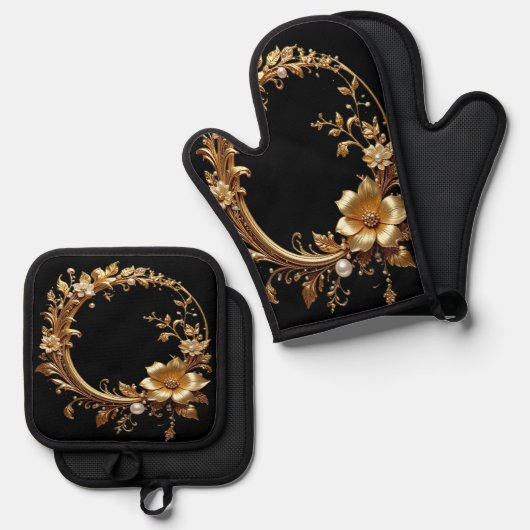 Golden Floral Ornate Oven Mitt & Pot Holder Set (Voorkant / Achterkant)
