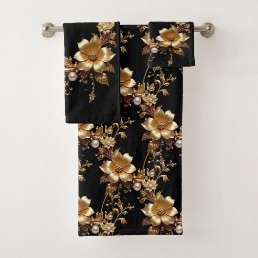 Golden Floral Ornate Towel Set (En situation)