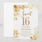 Golden Floral Sweet 16 Birthday Invitation Kaart (Voorkant / Achterkant)
