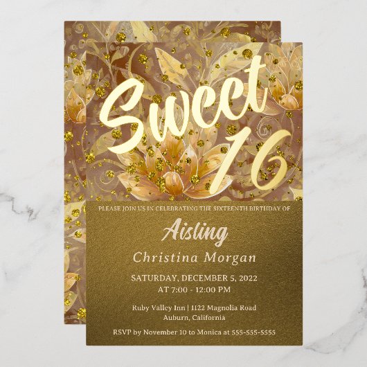 Golden Floral Sweet 16 Invitation Foil Invitation (Recto/Verso)