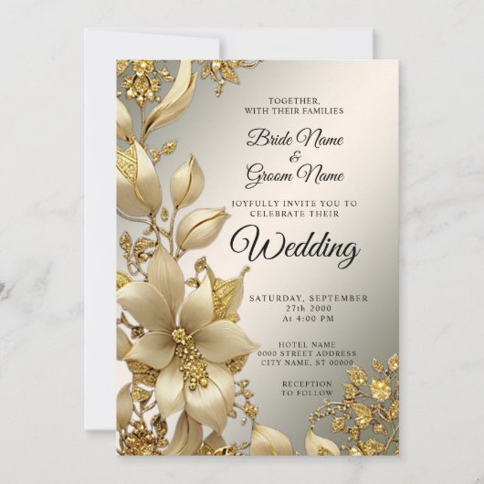 Golden Floral Wedding Invitation Kaart (Voorkant)