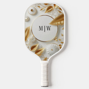 Golden Floral White Zwart Monogram Modern Script Pickleball Paddle