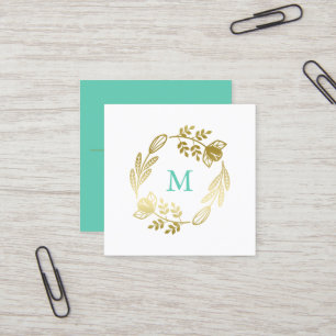 Golden Floral Wreath & Mint Green Monogram Vierkante Visitekaartje