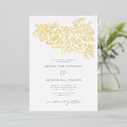 Golden flower hoekelegant huwelijksontwerp folie uitnodiging (Staand Voorkant)