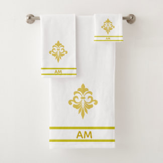 Golden Flower, Monogram and Stripes on White Bad Handdoek
