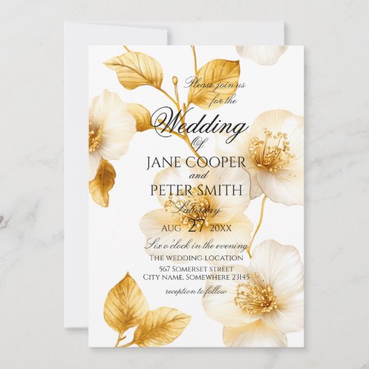 Golden flowers floral Wedding Invitation (Devant)