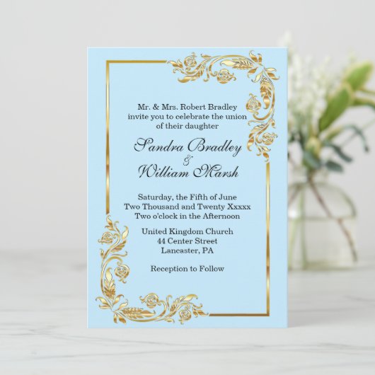 Golden Frame Traditional Blue Invitation (Debout devant)
