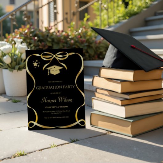 Golden Frame with Bow Graduation Invitation Kaart