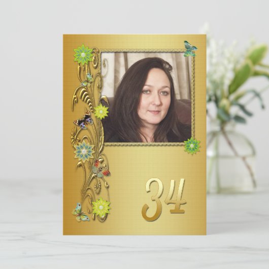 Golden Garden 34th Birthday party uitnodiging (Staand voorkant)