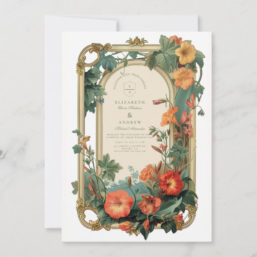Golden Garden Lijst Floral Wedding Kaart (Voorkant)