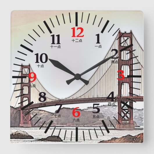 Golden Gate Bridge - Engelse en Chinese cijfers Vierkante Klok (Voorkant)