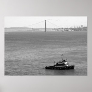 Golden Gate Bridge, Tug Boat, zwart-wit Poster