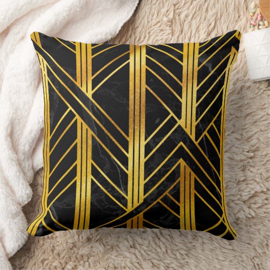 Golden Geometric Dimoned Art Deco over zwarte marm Kussen (Deken)