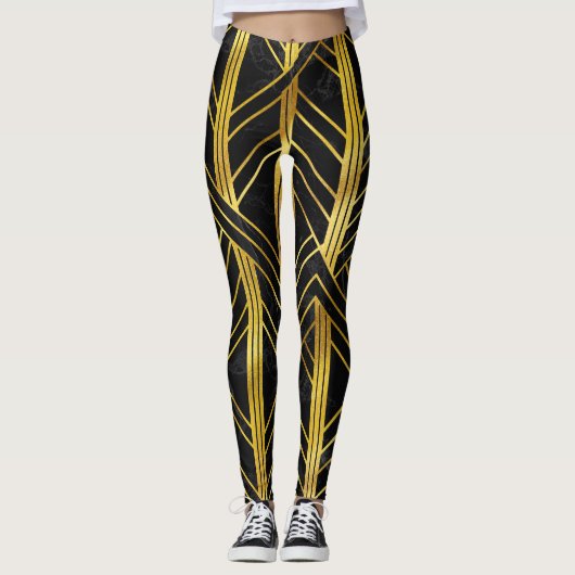 Golden Geometric Dimoned Art Deco over zwarte marm Leggings (Voorkant)