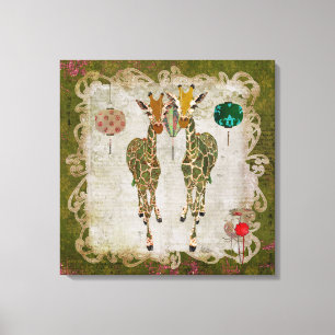 Golden Giraffes Olive Twilight Canvas Afdruk