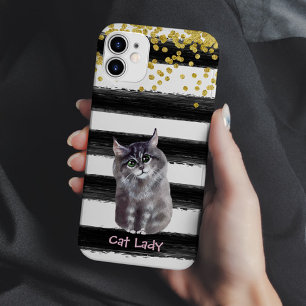 Golden Glitter Black Stripes Cat Illustration iPhone 13 Pro Max Hoesje