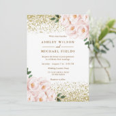 Golden Glitter Blush Flowers Elegant Wedding Kaart (Staand voorkant)
