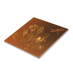 Golden Glitter Flowers & Dragonflies - Gouden Luxe Tegeltje