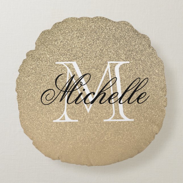 Golden Glitter Monogram Rond Kussen (Voorkant)