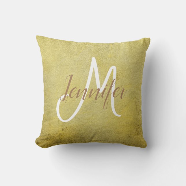 Golden Gold Simple Metallic glazen Naam Monogram Kussen (Voorkant)