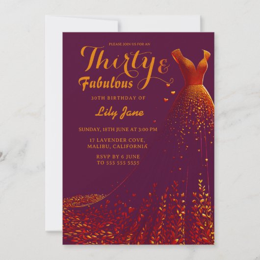 Golden Gown Glam 30th Birthday Invitation (Devant)
