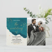 Golden Green Art Wedding Invitations avec photo (Debout devant)