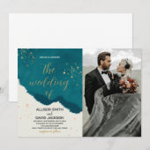 Golden Green Art Wedding Invitations avec photo (Devant / Derrière)