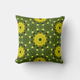 Golden Green Sunburst Kaleidoscoop Bloemenpatroon Kussen