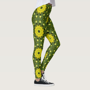 Golden Green Sunburst Kaleidoscoop Bloemenpatroon Leggings