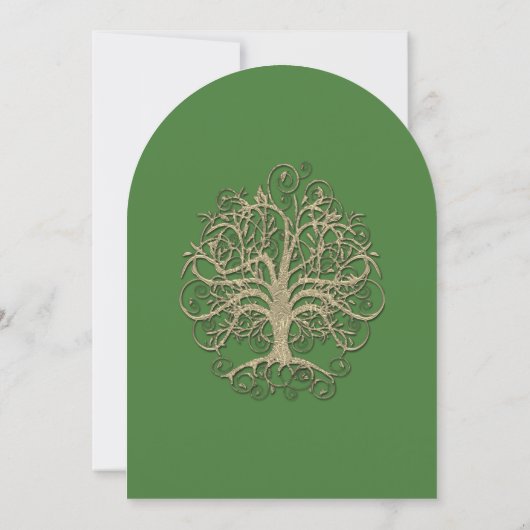 Golden Green Swirl Tree Roots of Love Wedding Inv Kaart (Achterkant)