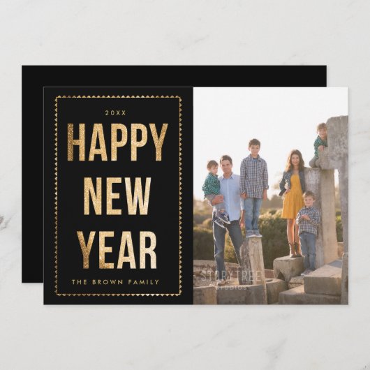 Golden Happy New Year-fotokaart op zwart Feestdagenkaart (Voorkant / Achterkant)