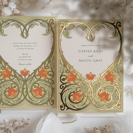 Golden Heart Art Nouveau Faire-part de mariage