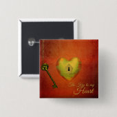 Golden Heart met Key Vierkante Button 5,1 Cm (Voorkant /achterkant)