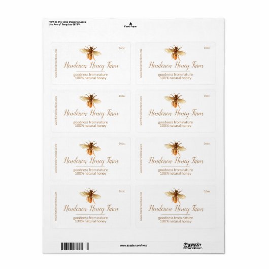 Golden Honey Bee Étiquette (Feuille entière)