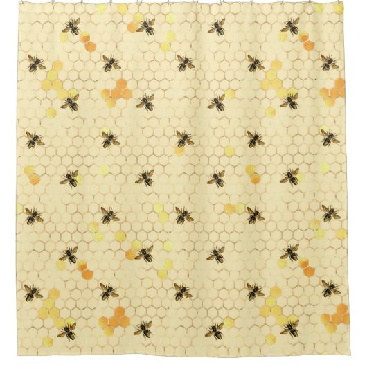 Golden Honeybee Honeycomb Pattern Douchegordijn (Voorkant)