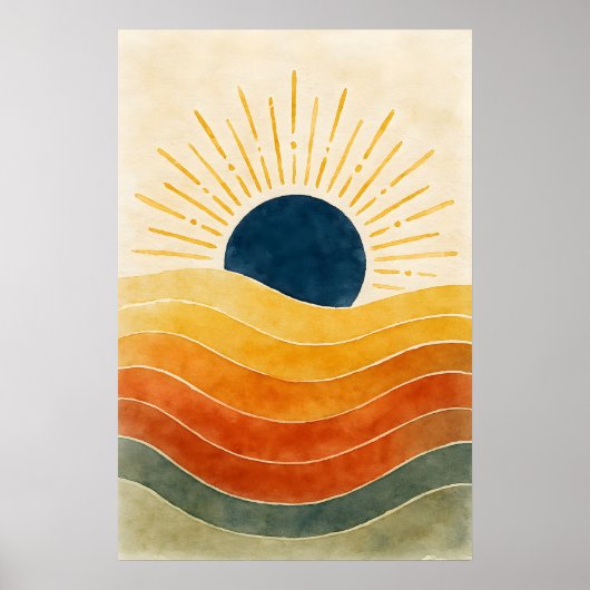 Golden Horizon - Abstracte Waterverf zon en golven Poster (Voorkant)