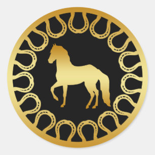 GOLDEN HORSE EN HOEFIJZERS RONDE STICKER