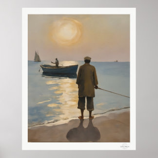 Golden Hour Fisherman at Sea Oil Painting Poster