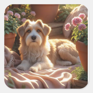 Golden Hour Garden Dog – Gezellige Geheugenscène v Vierkante Sticker