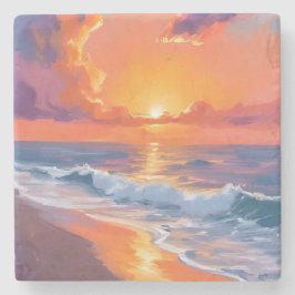 Golden Hour Orange Sunset Beach Ocean Painting Art Stenen Onderzetter