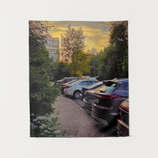 Golden Hour Parking Vista Tapijt – Aanpasbaar Wandkleed